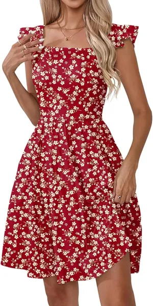 Womens Summer Casual Sleeveless Dress Floral Smocked Ruffle Square Neck Midi Dresses Flowy Boho Cute Beach Sundress