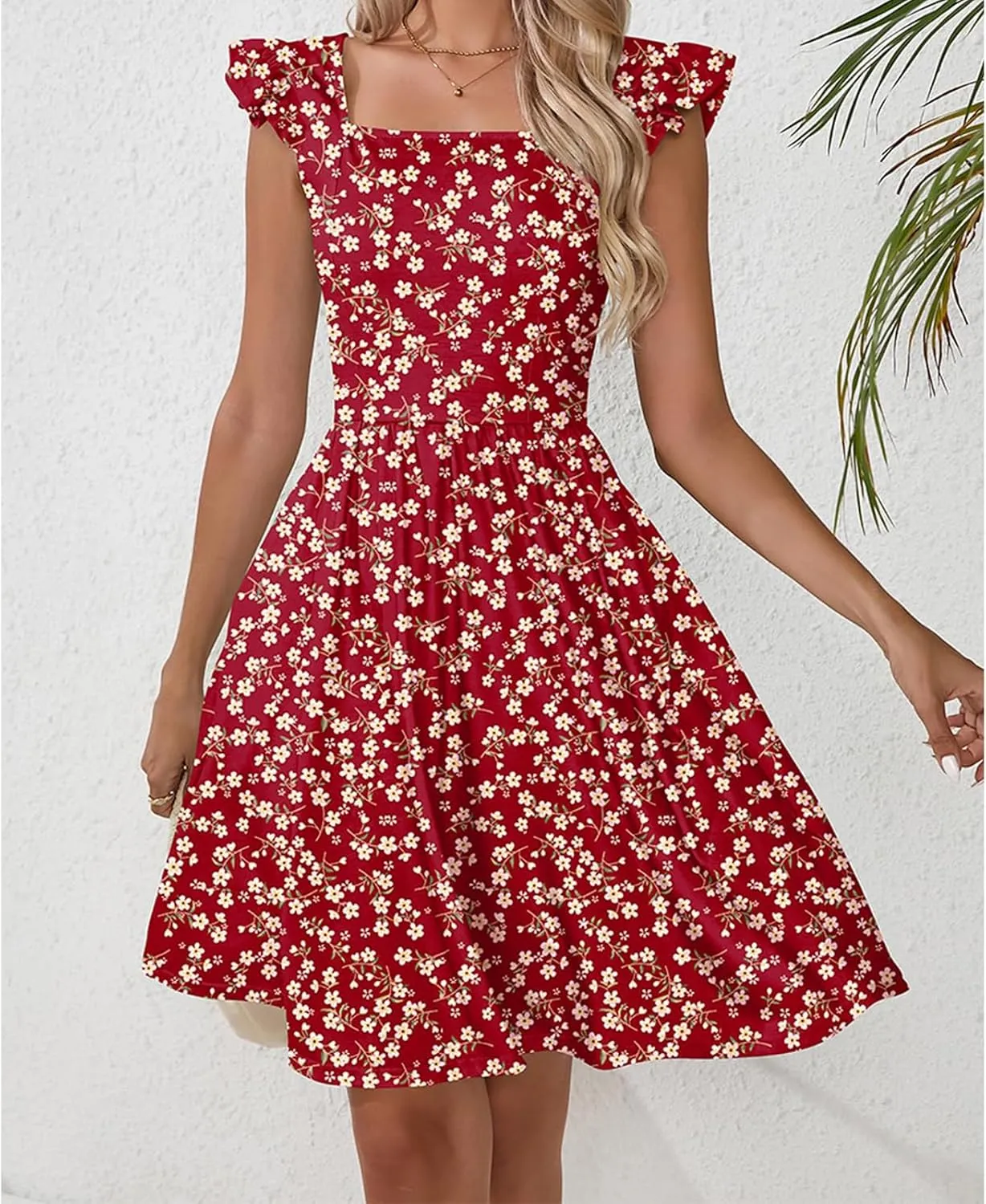 Womens Summer Casual Sleeveless Dress Floral Smocked Ruffle Square Neck Midi Dresses Flowy Boho Cute Beach Sundress