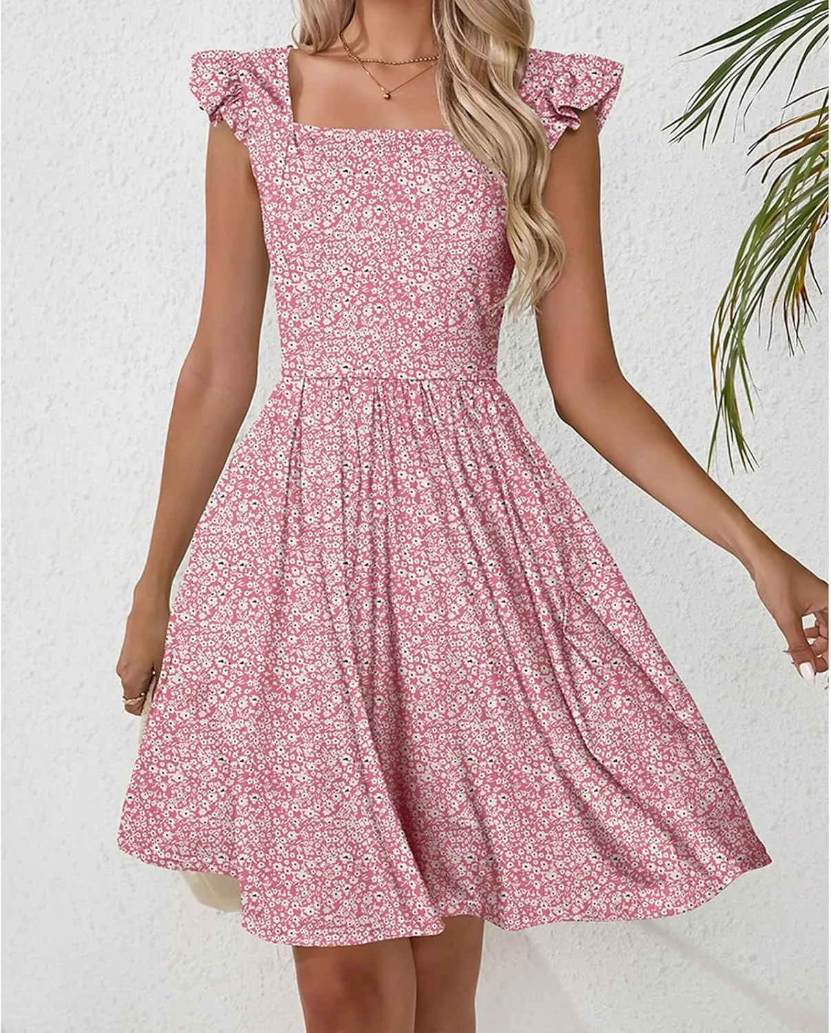 Womens Summer Casual Sleeveless Dress Floral Smocked Ruffle Square Neck Midi Dresses Flowy Boho Cute Beach Sundress