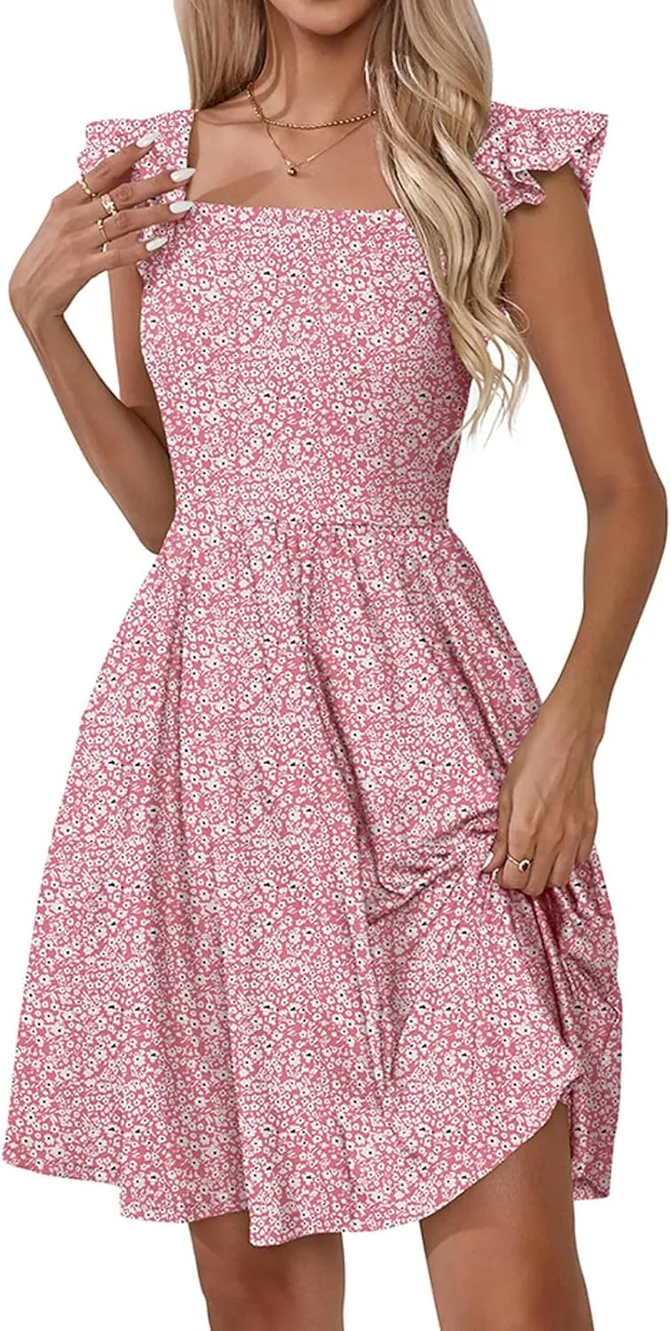 Womens Summer Casual Sleeveless Dress Floral Smocked Ruffle Square Neck Midi Dresses Flowy Boho Cute Beach Sundress