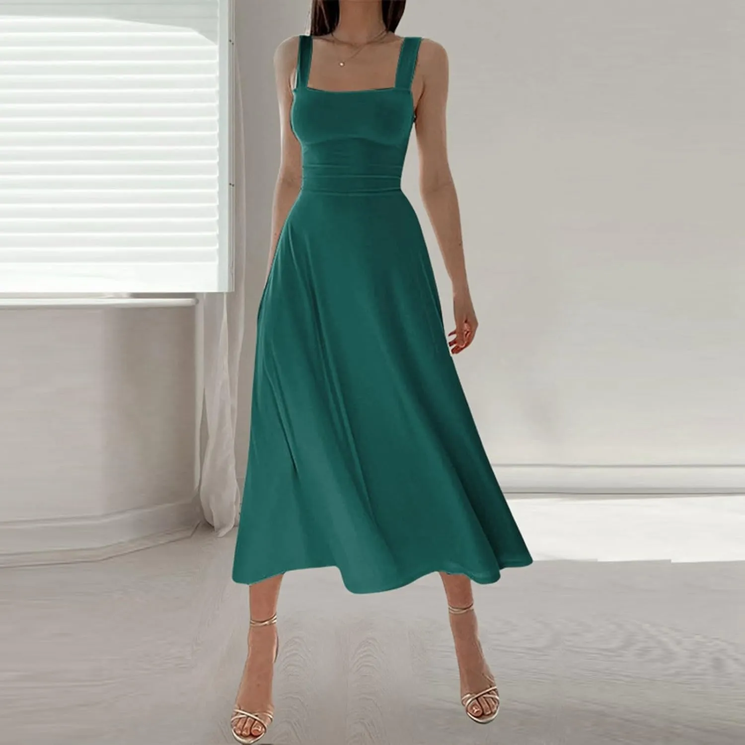Womens Summer Casual Sleeveless Midi Dresses Scoop Neck Fit & Flare A-Line Flowy Long Sundress Beach Outfits