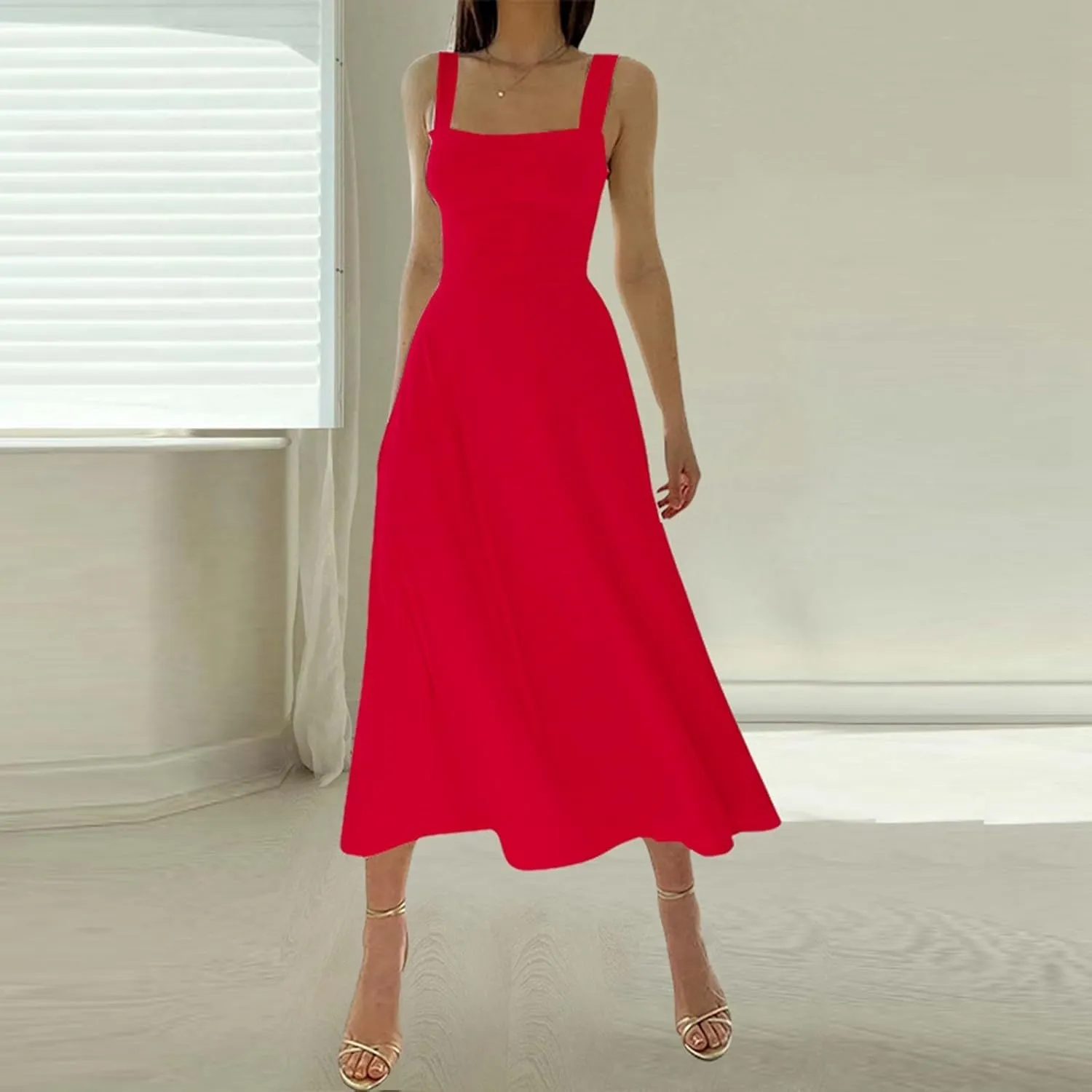 Womens Summer Casual Sleeveless Midi Dresses Scoop Neck Fit & Flare A-Line Flowy Long Sundress Beach Outfits