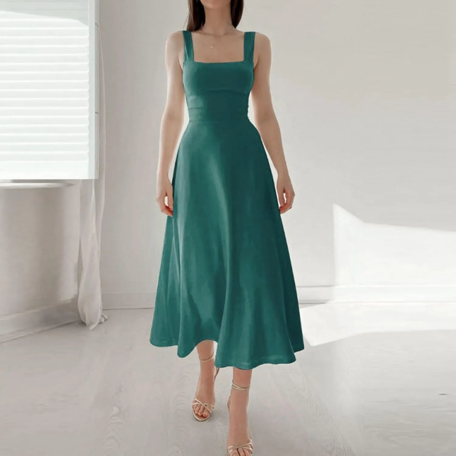 Womens Summer Casual Sleeveless Midi Dresses Scoop Neck Fit & Flare A-Line Flowy Long Sundress Beach Outfits