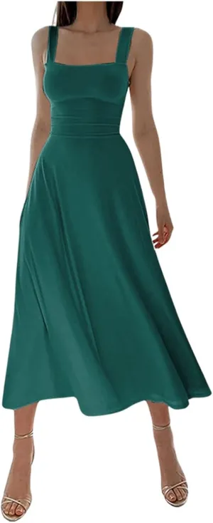Womens Summer Casual Sleeveless Midi Dresses Scoop Neck Fit & Flare A-Line Flowy Long Sundress Beach Outfits
