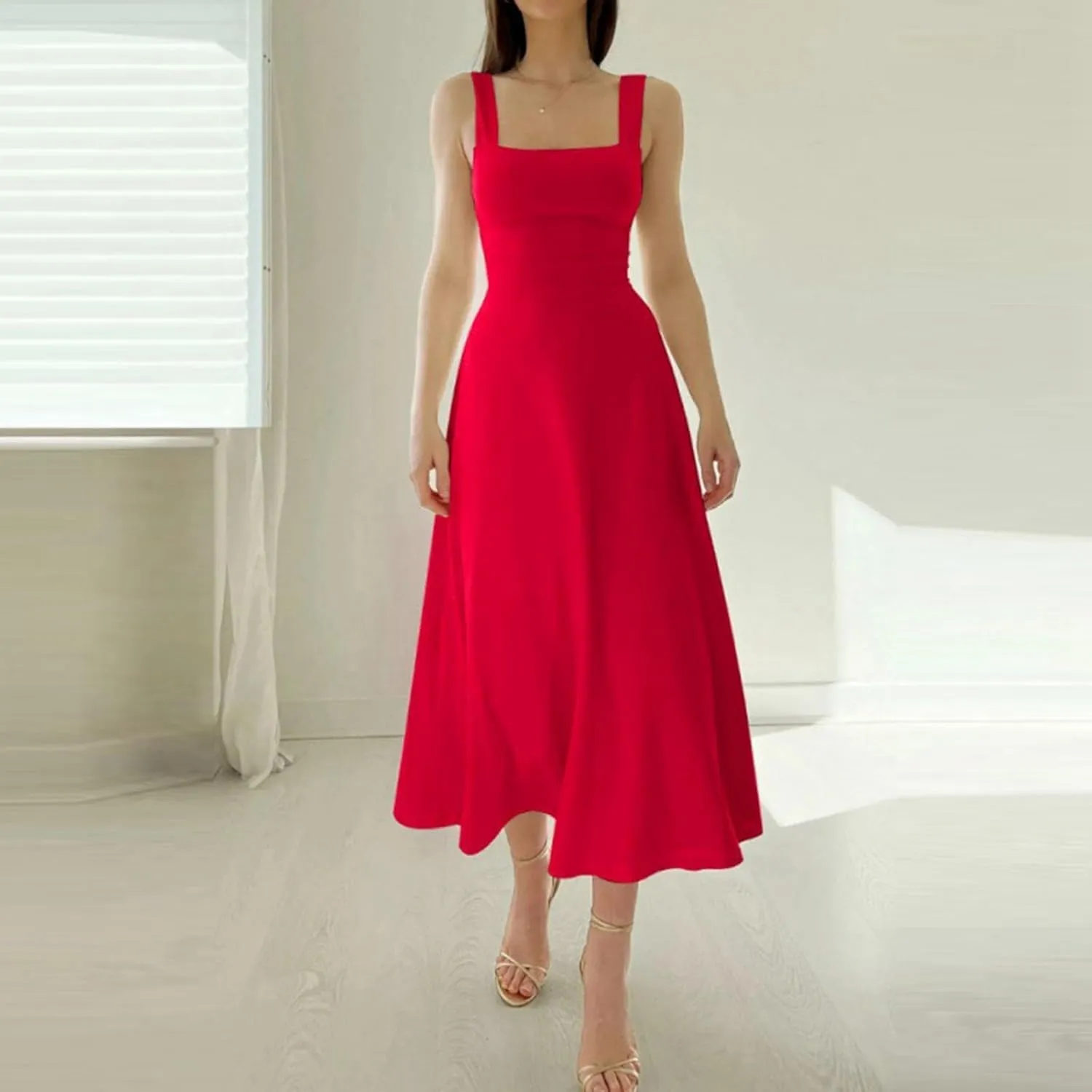 Womens Summer Casual Sleeveless Midi Dresses Scoop Neck Fit & Flare A-Line Flowy Long Sundress Beach Outfits
