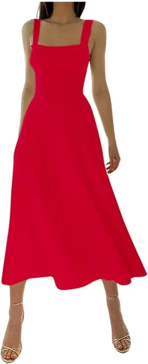 Womens Summer Casual Sleeveless Midi Dresses Scoop Neck Fit & Flare A-Line Flowy Long Sundress Beach Outfits