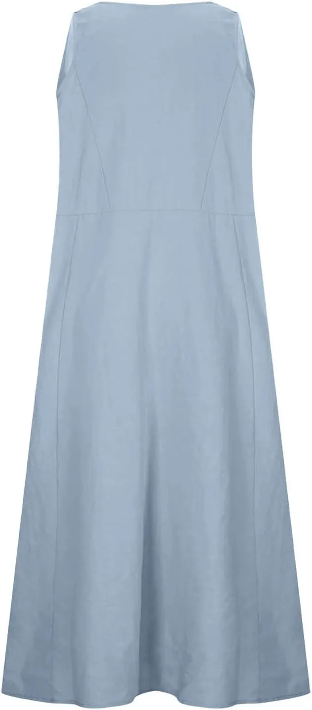 Women's Summer Cotton Linen Long Dress Sleeveless Elegant Flowy Dresses Plus Size Loose Comfy Dresses with Pockets