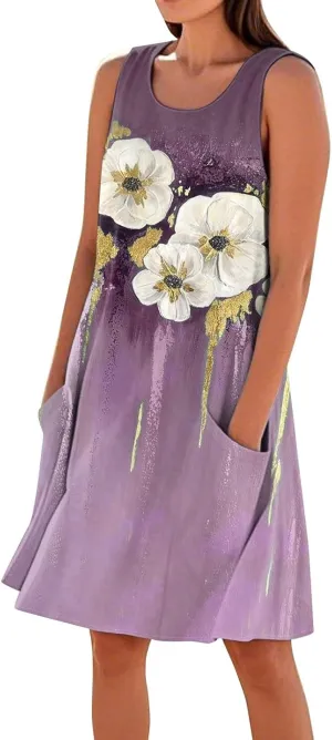 Women's Summer Cotton Linen Midi Dress Sleeveless U-Neck Printed Dresses Plus Size Loose Comfy Dress with Pocket