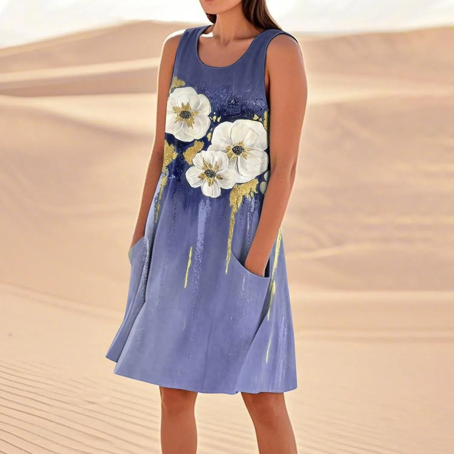 Women's Summer Cotton Linen Midi Dress Sleeveless U-Neck Printed Dresses Plus Size Loose Comfy Dress with Pocket