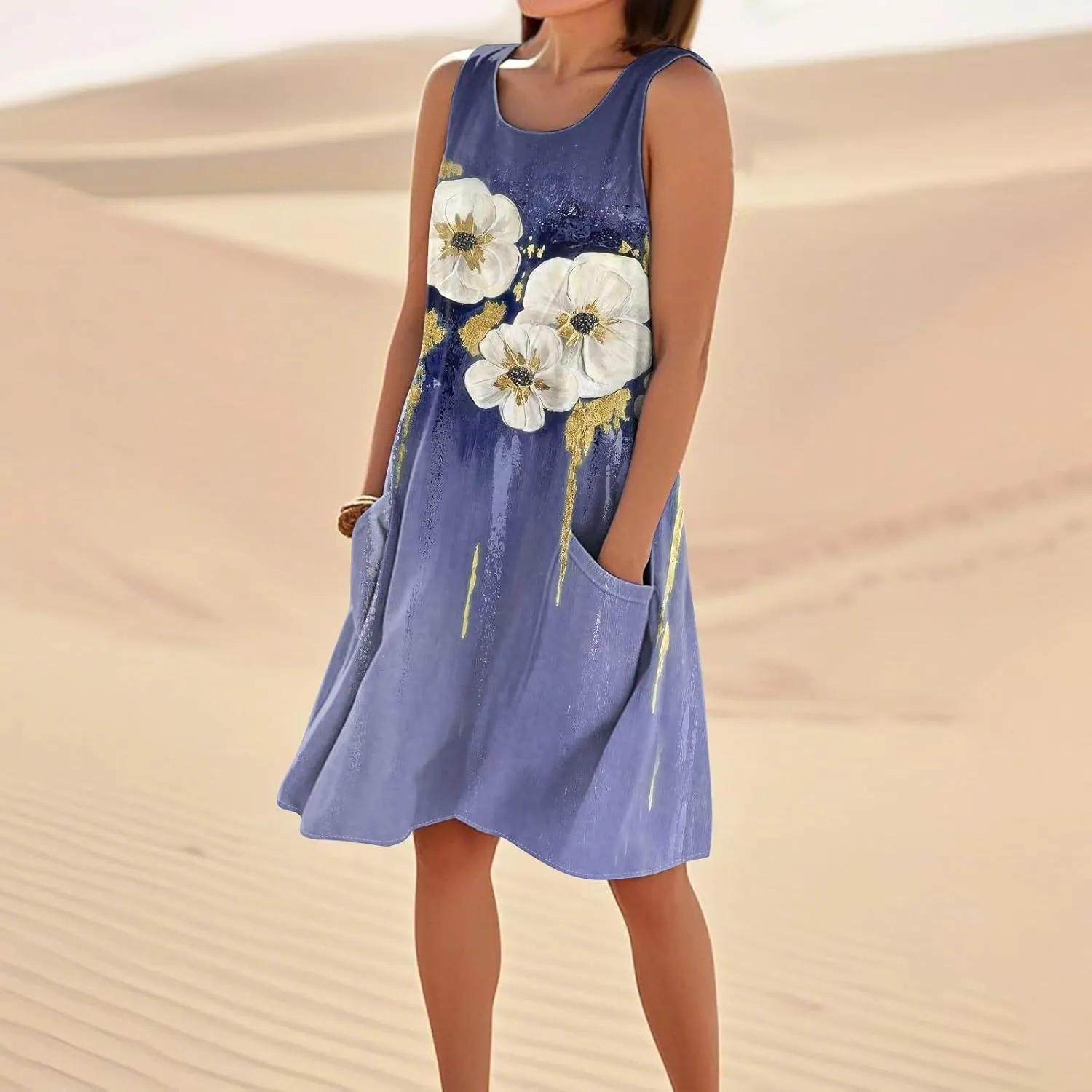 Women's Summer Cotton Linen Midi Dress Sleeveless U-Neck Printed Dresses Plus Size Loose Comfy Dress with Pocket