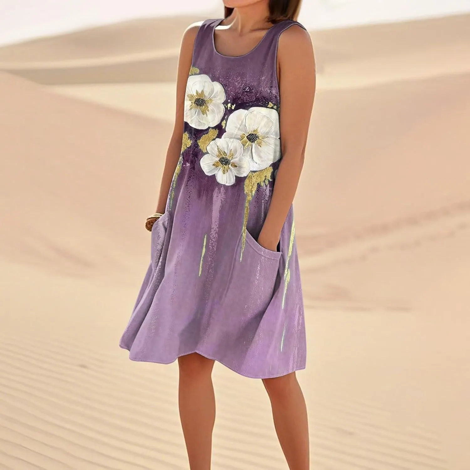 Women's Summer Cotton Linen Midi Dress Sleeveless U-Neck Printed Dresses Plus Size Loose Comfy Dress with Pocket