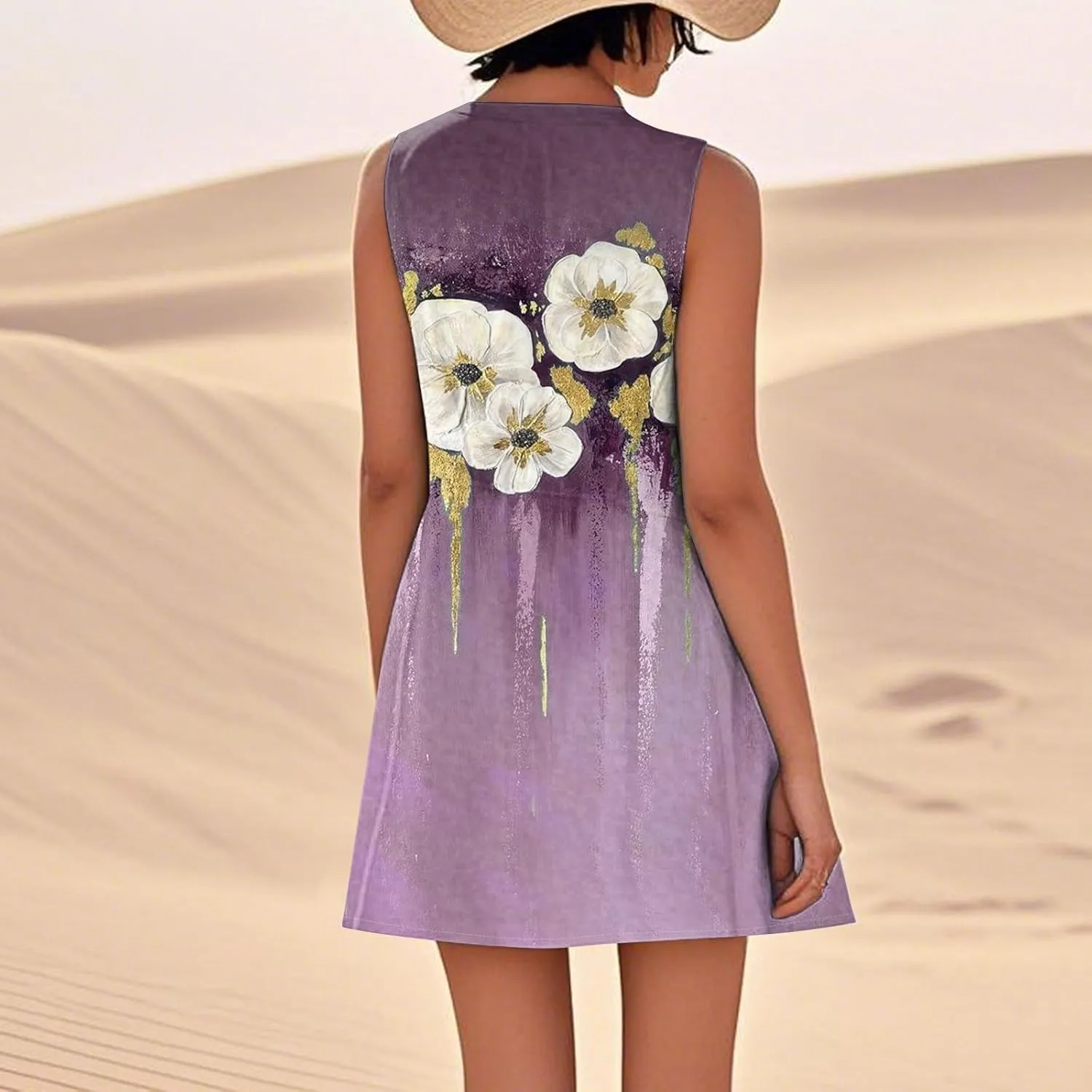 Women's Summer Cotton Linen Midi Dress Sleeveless U-Neck Printed Dresses Plus Size Loose Comfy Dress with Pocket