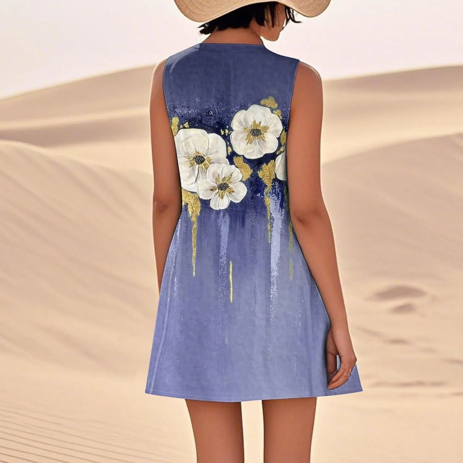 Women's Summer Cotton Linen Midi Dress Sleeveless U-Neck Printed Dresses Plus Size Loose Comfy Dress with Pocket