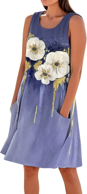 Women's Summer Cotton Linen Midi Dress Sleeveless U-Neck Printed Dresses Plus Size Loose Comfy Dress with Pocket