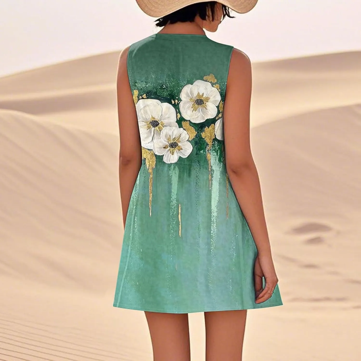 Women's Summer Cotton Linen Midi Dress Sleeveless U-Neck Printed Dresses Plus Size Loose Comfy Dress with Pockets
