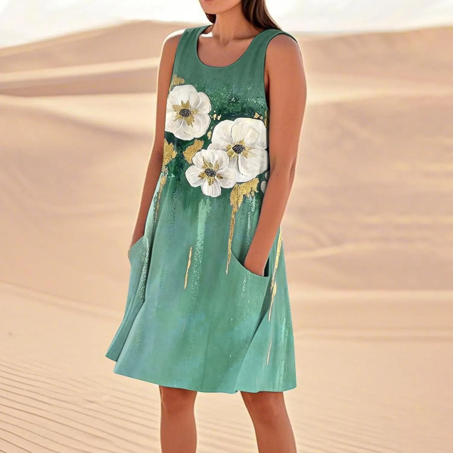 Women's Summer Cotton Linen Midi Dress Sleeveless U-Neck Printed Dresses Plus Size Loose Comfy Dress with Pockets