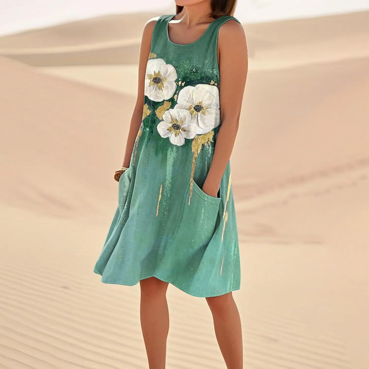 Women's Summer Cotton Linen Midi Dress Sleeveless U-Neck Printed Dresses Plus Size Loose Comfy Dress with Pockets