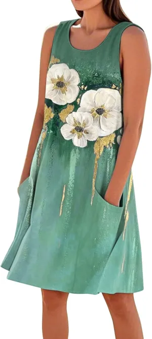 Women's Summer Cotton Linen Midi Dress Sleeveless U-Neck Printed Dresses Plus Size Loose Comfy Dress with Pockets