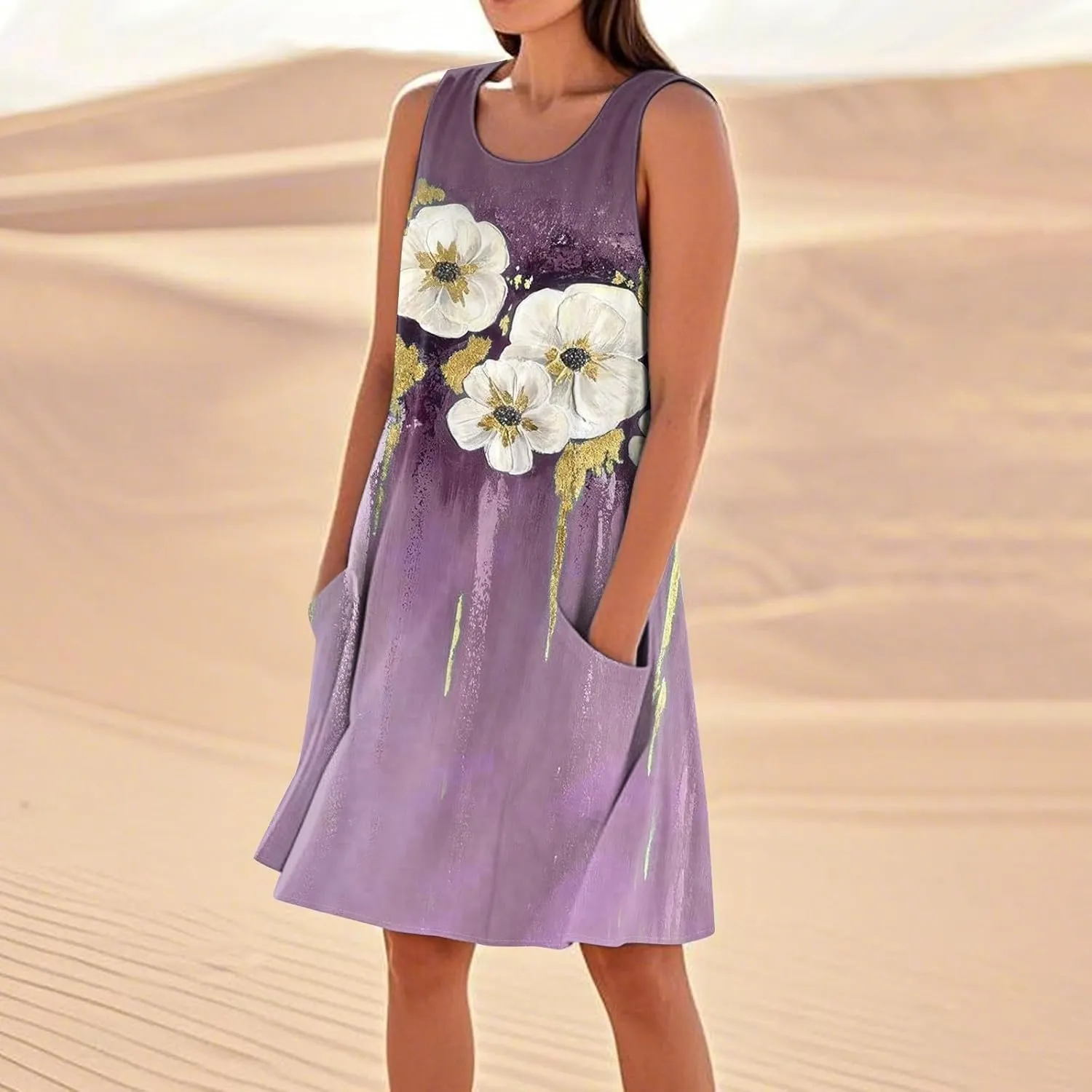 Women's Summer Cotton Linen Midi Dress Sleeveless U-Neck Printed Dresses Plus Size Loose Comfy Dress with Pockets
