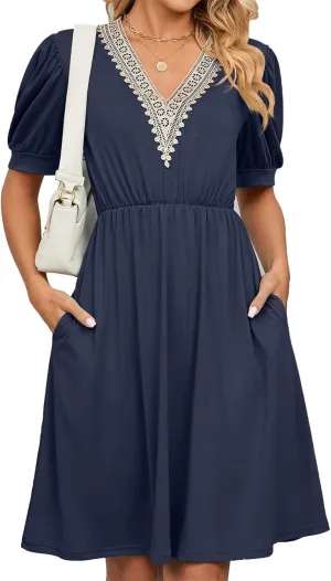 Women's Summer Dress A line Waisted Midi Dresses Lace V Neck Puff Short Sleeve Sundress Casual Cotton Beach Dress