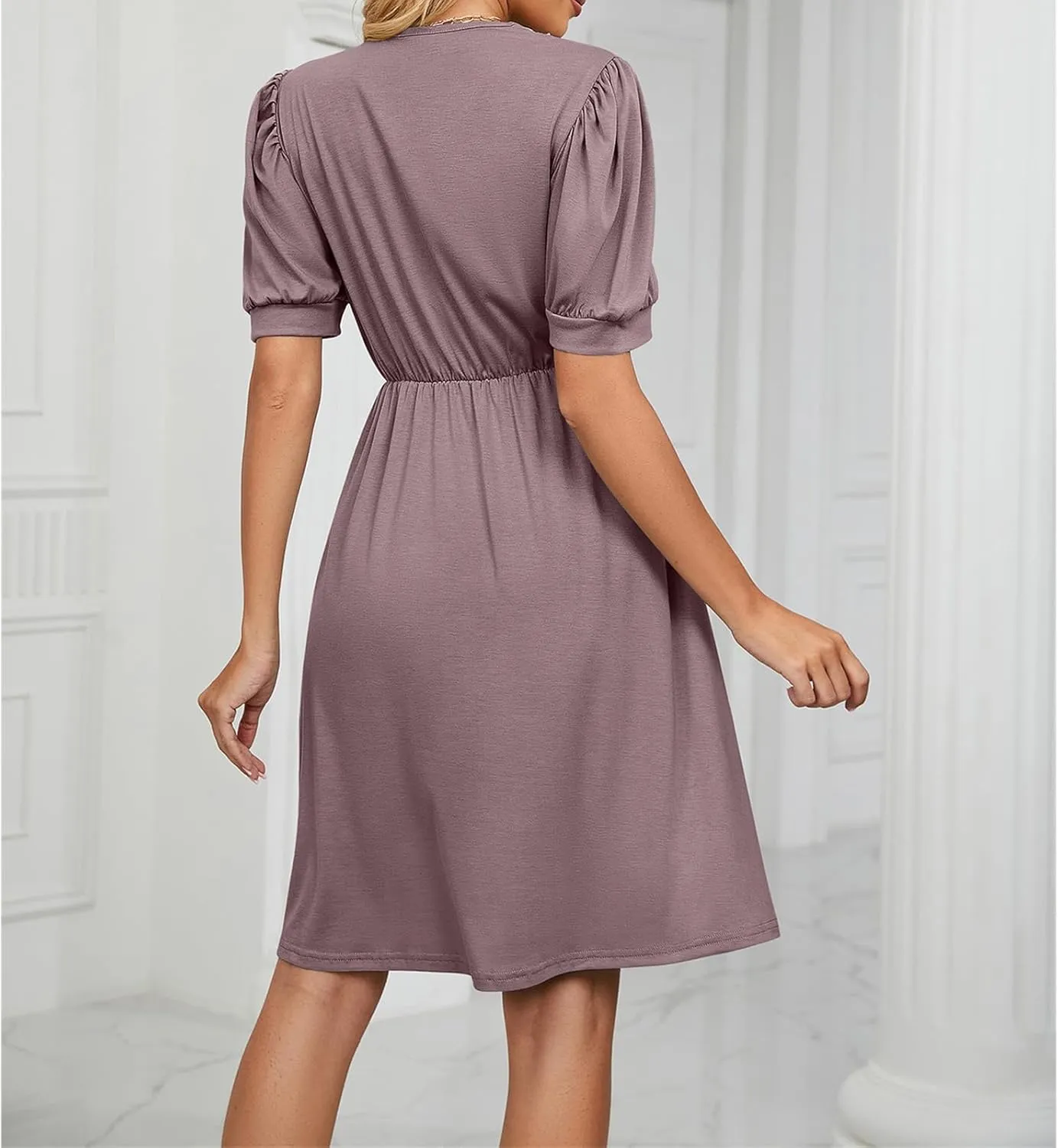 Women's Summer Dress A line Waisted Midi Dresses Lace V Neck Puff Short Sleeve Sundress Casual Cotton Beach Dress