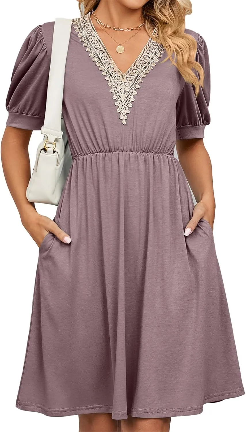 Women's Summer Dress A line Waisted Midi Dresses Lace V Neck Puff Short Sleeve Sundress Casual Cotton Beach Dress