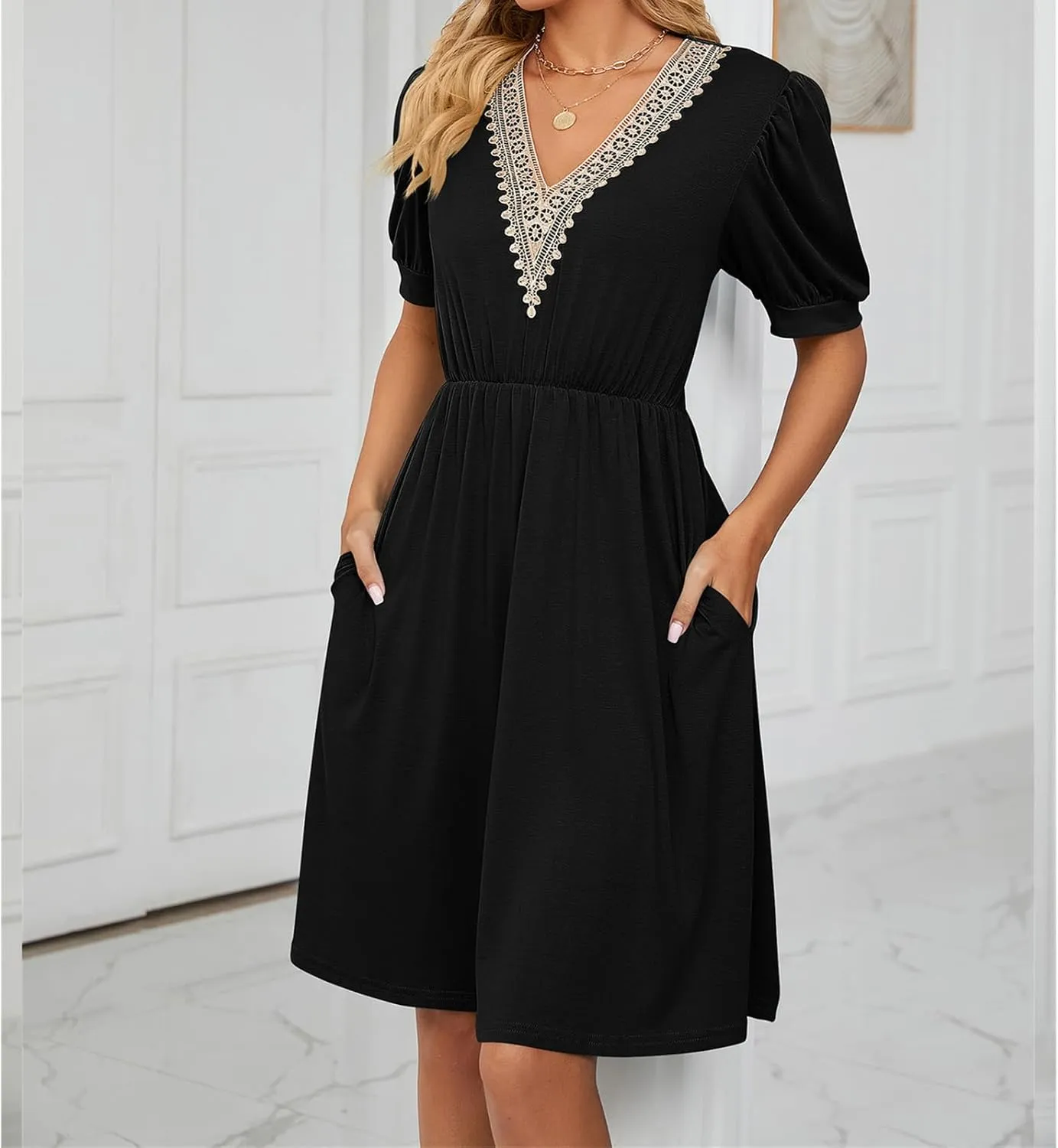 Women's Summer Dress A line Waisted Midi Dresses Lace V Neck Puff Short Sleeve Sundress Casual Cotton Beach Dress