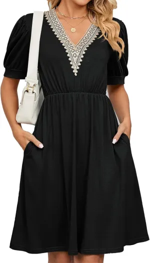 Women's Summer Dress A line Waisted Midi Dresses Lace V Neck Puff Short Sleeve Sundress Casual Cotton Beach Dress