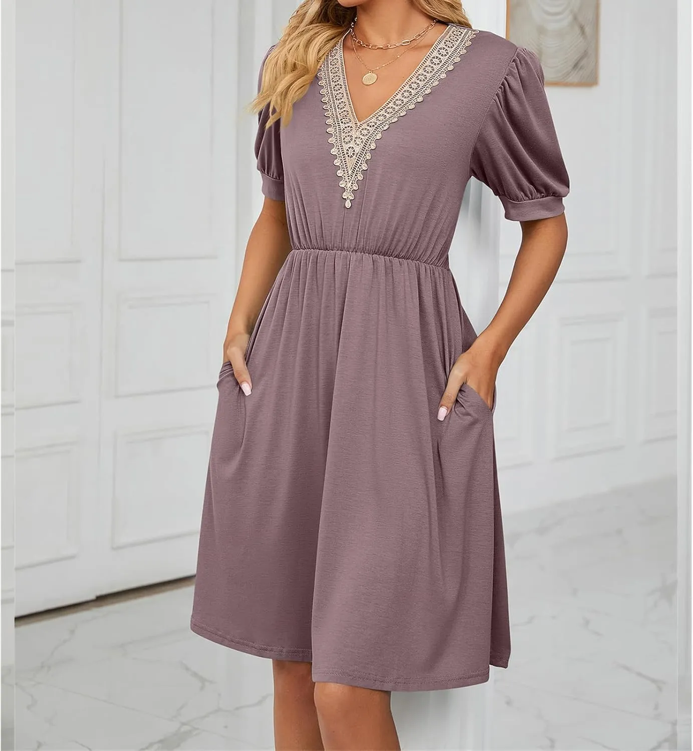 Women's Summer Dress A line Waisted Midi Dresses Lace V Neck Puff Short Sleeve Sundress Casual Cotton Beach Dress