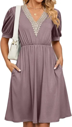 Women's Summer Dress A line Waisted Midi Dresses Lace V Neck Puff Short Sleeve Sundress Casual Cotton Beach Dress