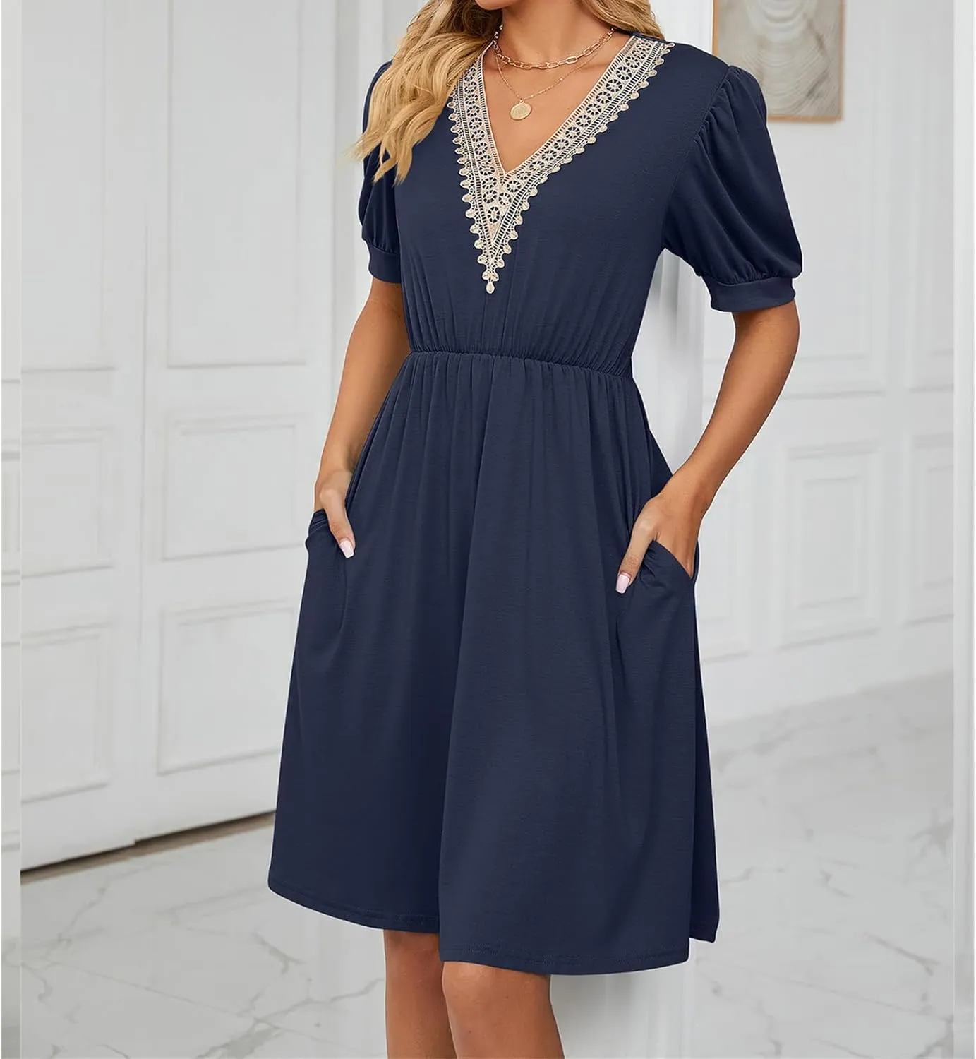 Women's Summer Dress A line Waisted Midi Dresses Lace V Neck Puff Short Sleeve Sundress Casual Cotton Beach Dress