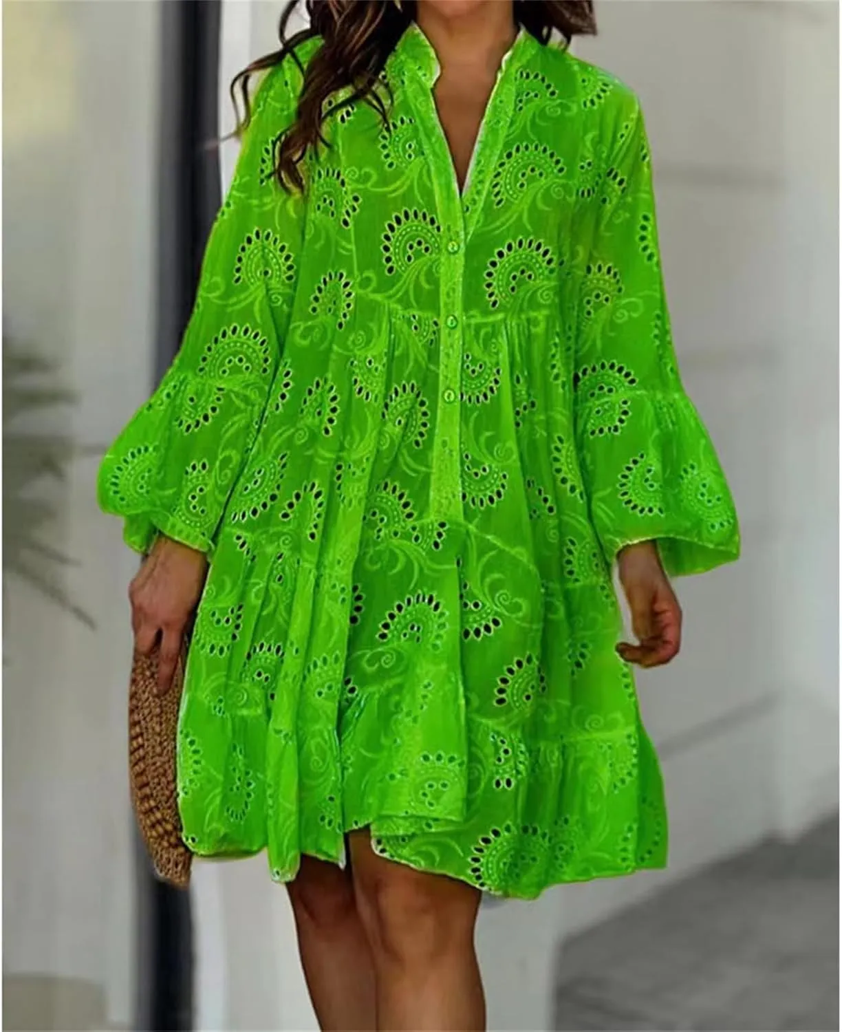 Womens Summer Dress Boho Hollow Out Eyelet Lace Midi Dress Casual Fashion Button Down V Neck Long Sleeve Dresses