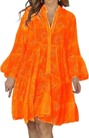 Womens Summer Dress Boho Hollow Out Eyelet Lace Midi Dress Casual Fashion Button Down V Neck Long Sleeve Dresses