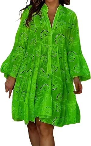 Womens Summer Dress Boho Hollow Out Eyelet Lace Midi Dress Casual Fashion Button Down V Neck Long Sleeve Dresses