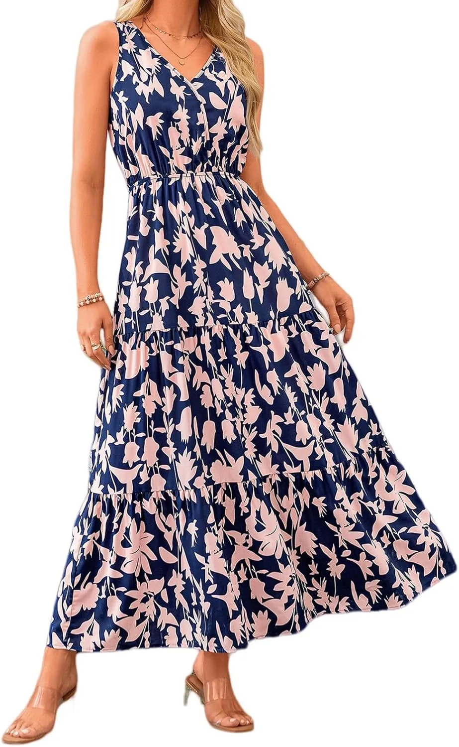 Womens Summer Dress Sleeveless V Neck Cute Floral Maxi Dresses Casual Flowy Swing Wedding Guest Long Dress