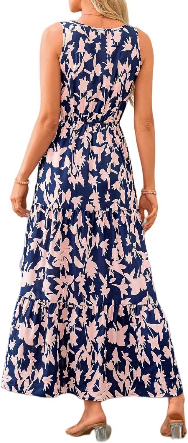 Womens Summer Dress Sleeveless V Neck Cute Floral Maxi Dresses Casual Flowy Swing Wedding Guest Long Dress