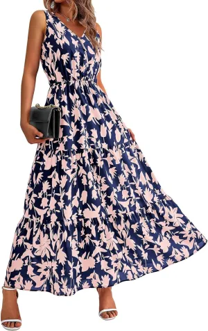 Womens Summer Dress Sleeveless V Neck Cute Floral Maxi Dresses Casual Flowy Swing Wedding Guest Long Dress