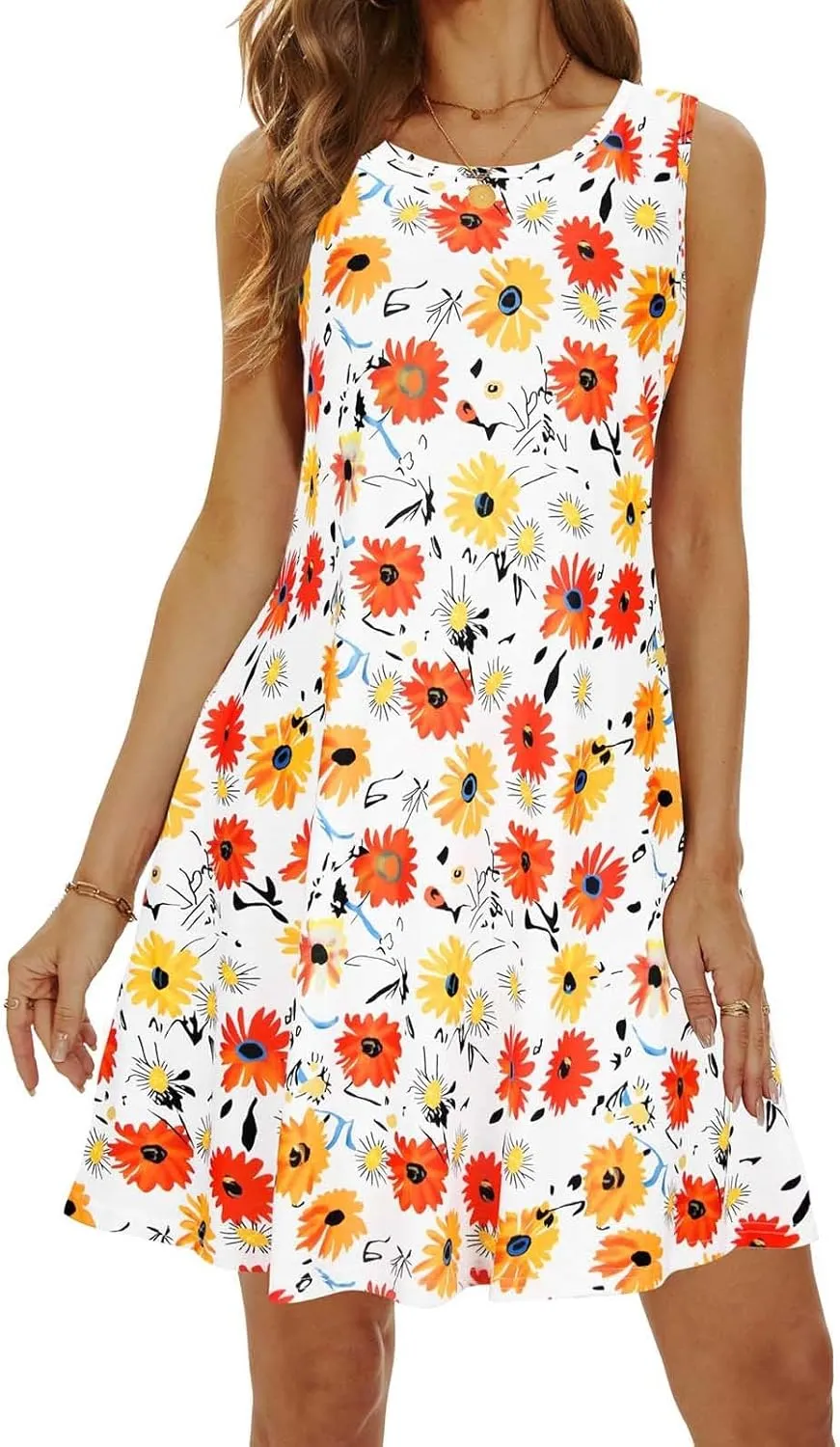 Womens Summer Dresses 2024 Casual Sleeveless Tshirt Sundresses Vacation Beach Floral Cover Up Dress with Pockets