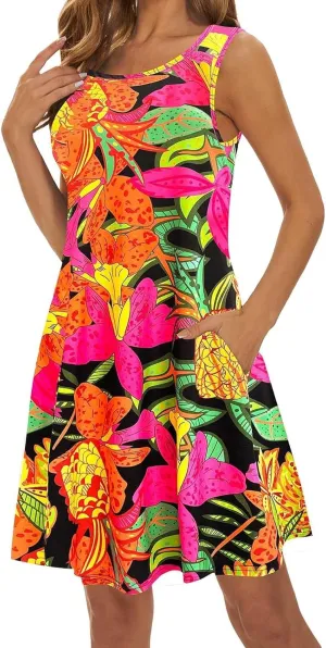 Womens Summer Dresses 2024 Casual Sleeveless Tshirt Sundresses Vacation Beach Floral Cover Up Dress with Pockets