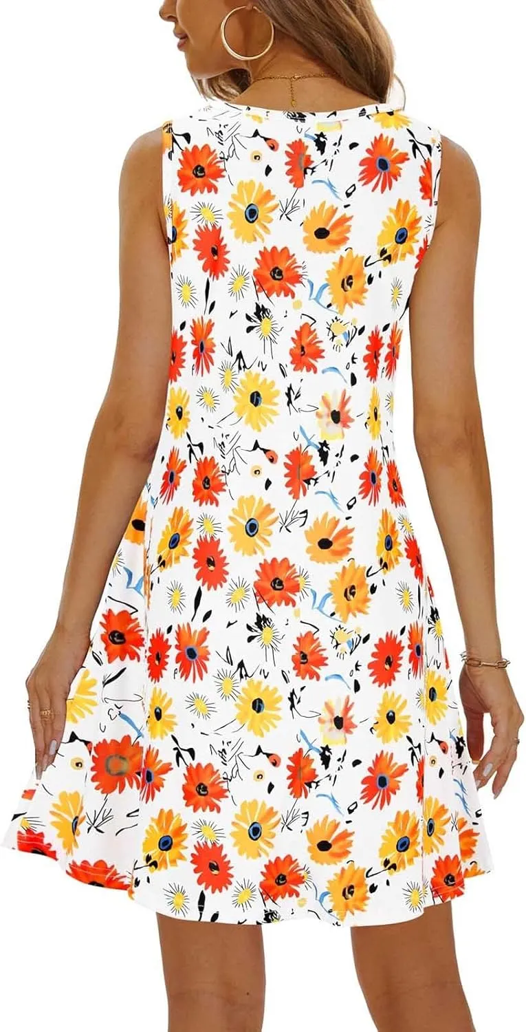 Womens Summer Dresses 2024 Casual Sleeveless Tshirt Sundresses Vacation Beach Floral Cover Up Dress with Pockets