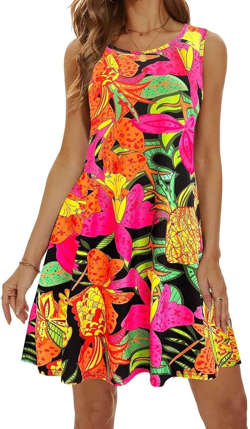 Womens Summer Dresses 2024 Casual Sleeveless Tshirt Sundresses Vacation Beach Floral Cover Up Dress with Pockets