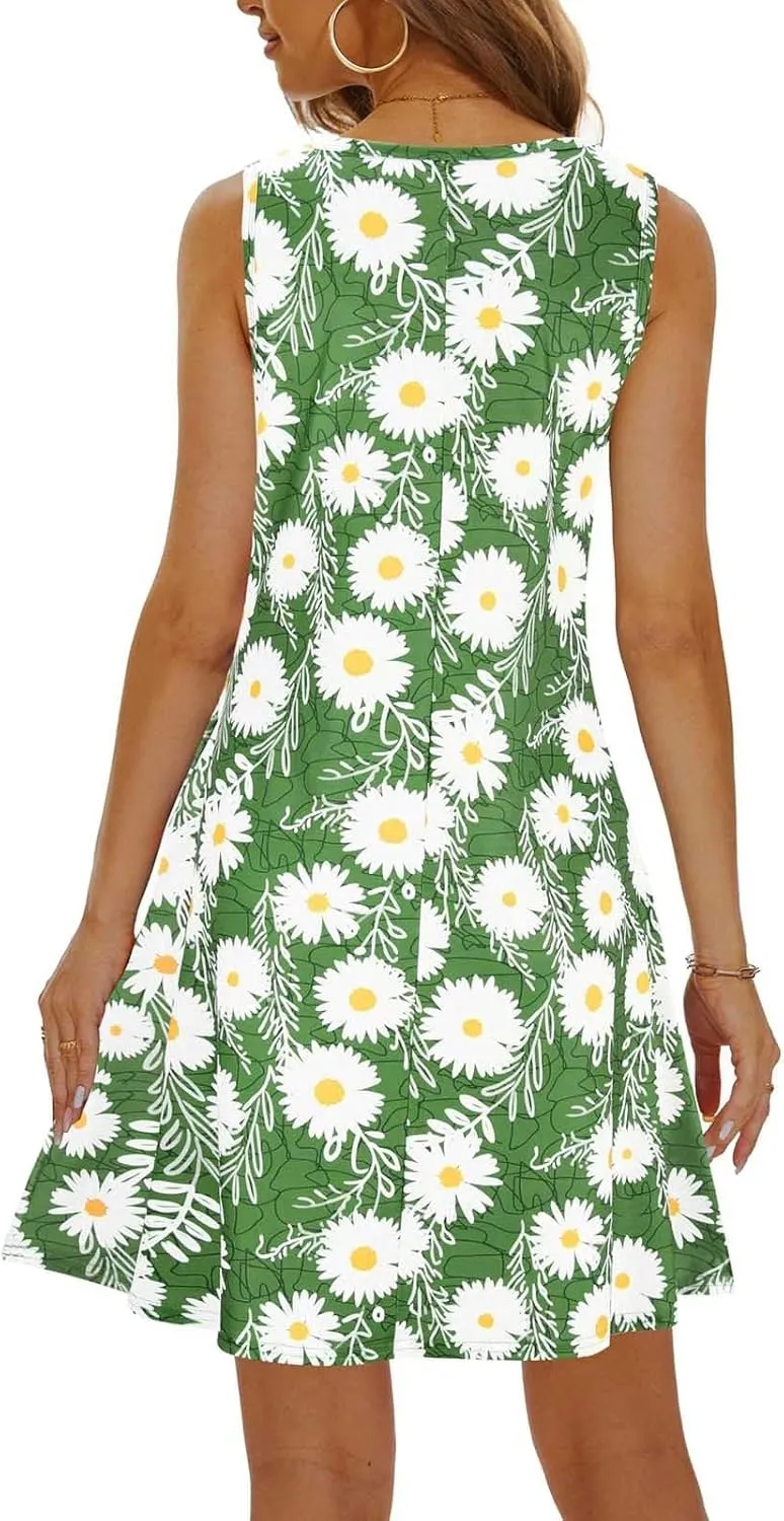 Womens Summer Dresses 2024 Casual Sleeveless Tshirt Sundresses Vacation Beach Floral Cover Up Dress with Pockets