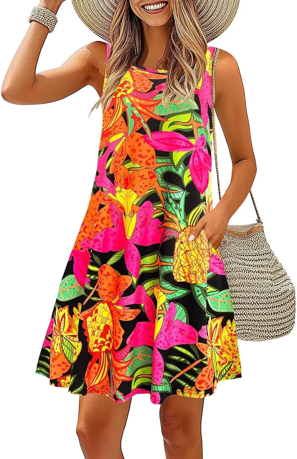 Womens Summer Dresses 2024 Casual Sleeveless Tshirt Sundresses Vacation Beach Floral Cover Up Dress with Pockets