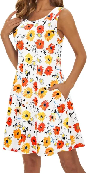 Womens Summer Dresses 2024 Casual Sleeveless Tshirt Sundresses Vacation Beach Floral Cover Up Dress with Pockets
