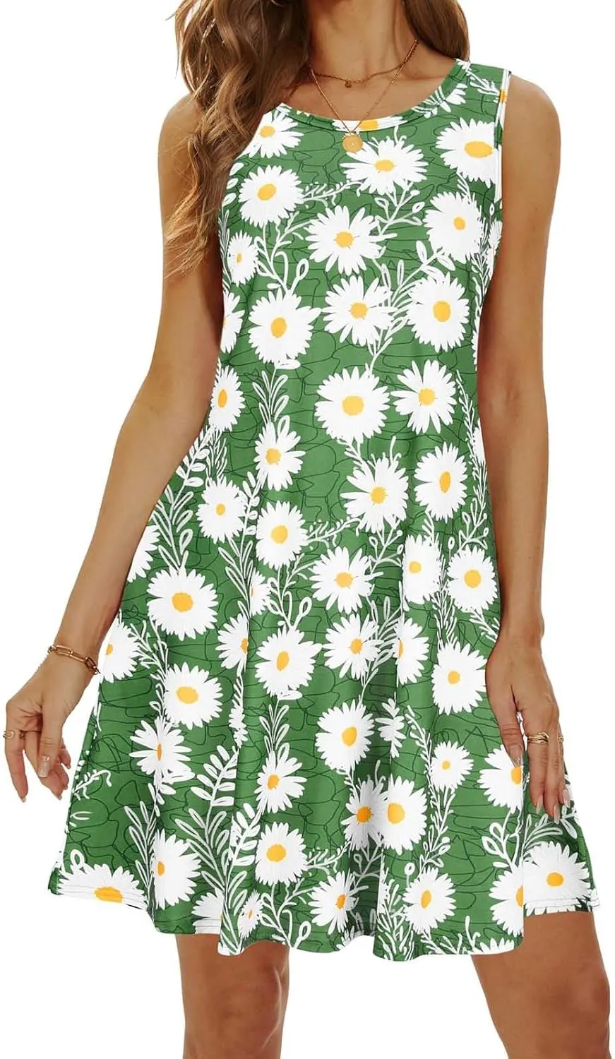 Womens Summer Dresses 2024 Casual Sleeveless Tshirt Sundresses Vacation Beach Floral Cover Up Dress with Pockets