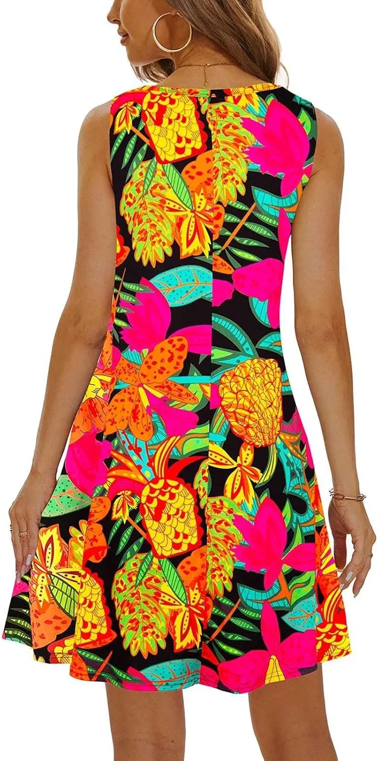 Womens Summer Dresses 2024 Casual Sleeveless Tshirt Sundresses Vacation Beach Floral Cover Up Dress with Pockets