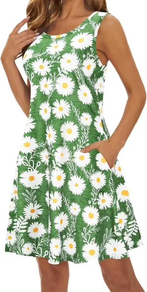 Womens Summer Dresses 2024 Casual Sleeveless Tshirt Sundresses Vacation Beach Floral Cover Up Dress with Pockets