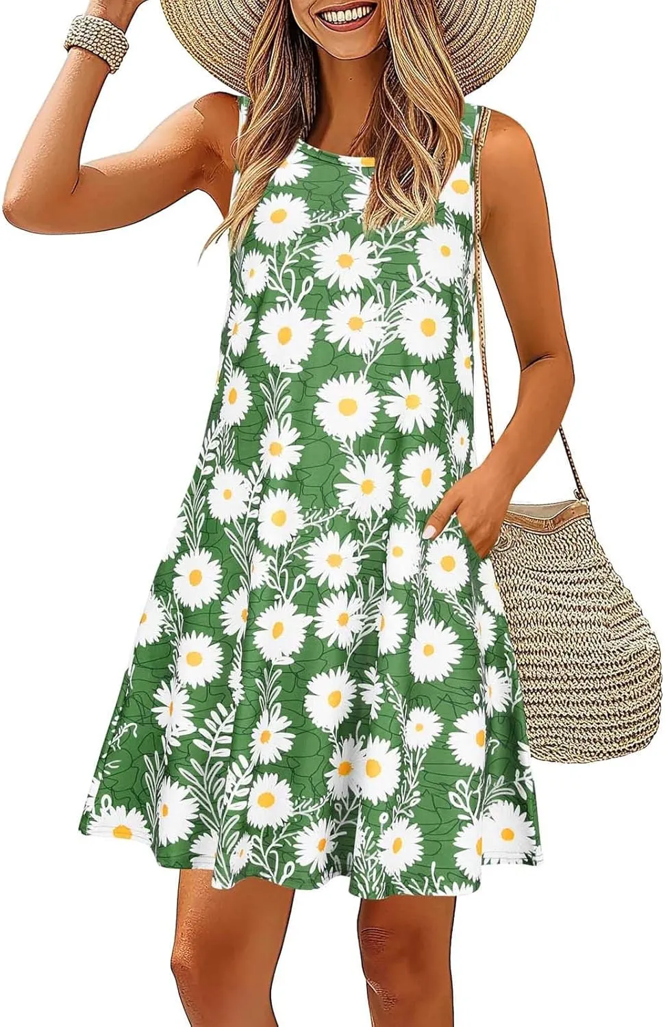 Womens Summer Dresses 2024 Casual Sleeveless Tshirt Sundresses Vacation Beach Floral Cover Up Dress with Pockets