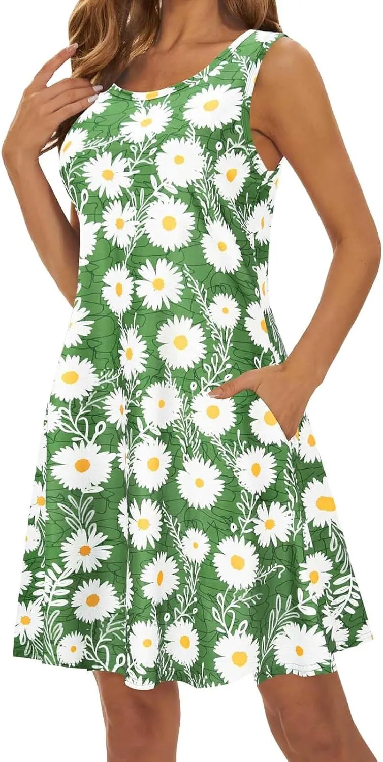 Womens Summer Dresses 2024 Casual Sleeveless Tshirt Sundresses Vacation Beach Floral Cover Up Dress with Pockets