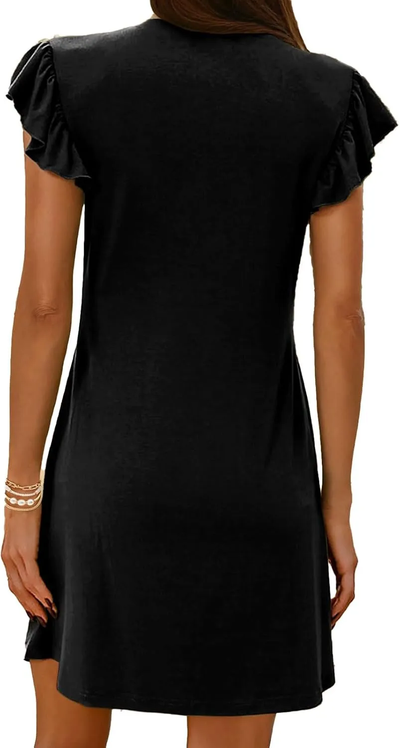 Womens Summer Dresses 2025 Casual Deep V Neck Ruffle Sleeve Mini Dresses Trendy Loose Vacation Beach Sundress Clothes